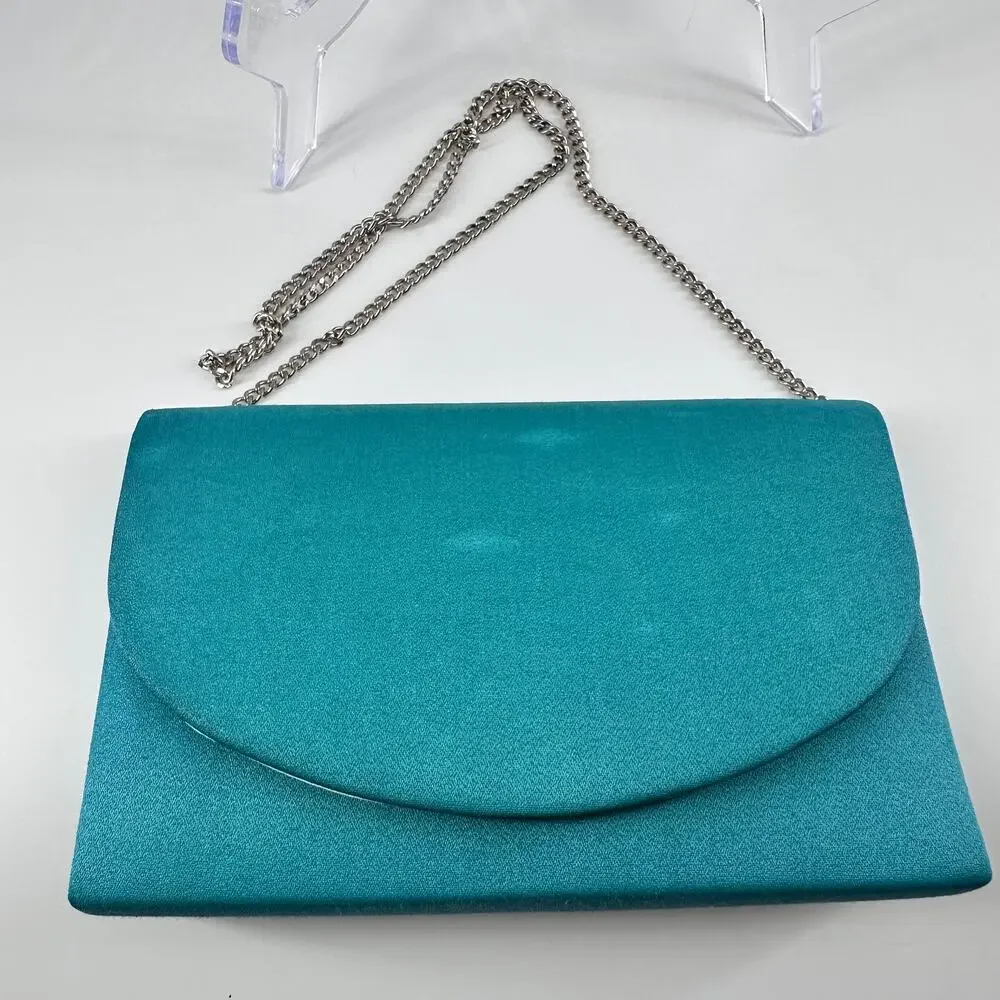 Vintage Dyeables Teal Satin Clutch Purse with Silver Chain Strap 10x5